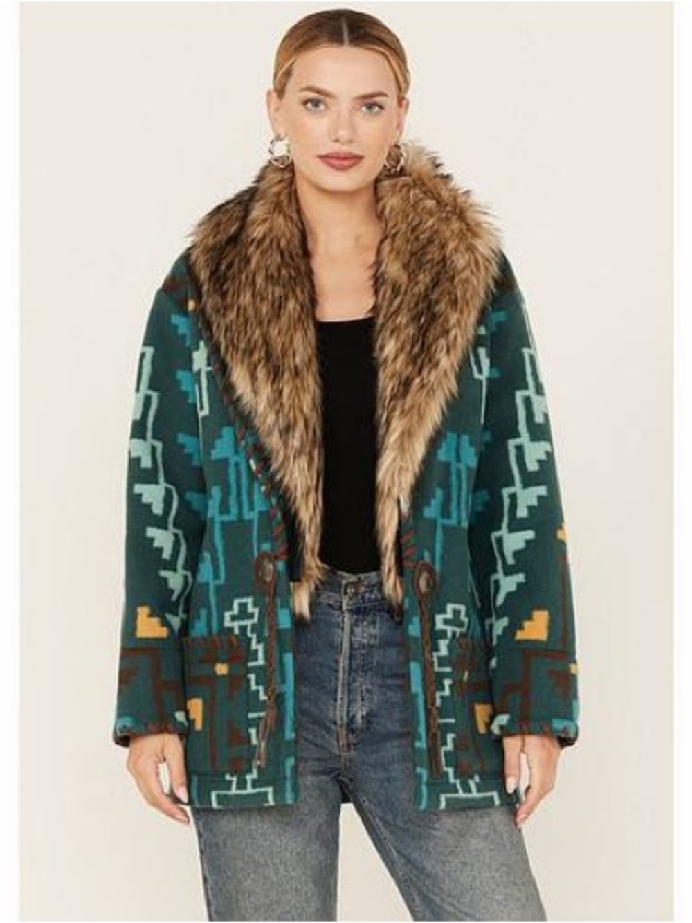 Tasha Polizzi Southwestern Print Blanket Jullian Jacket with Faux Fur